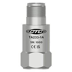A stainless steel, standard size, top exit TA233 dual output vibration monitoring sensor engraved with the CTC Line logo, part number, serial number, and CE and UKCA certification markings.